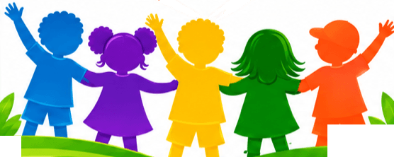 Five children of different colors holding hands with their arms raised, from the Rheo's Hut logo.