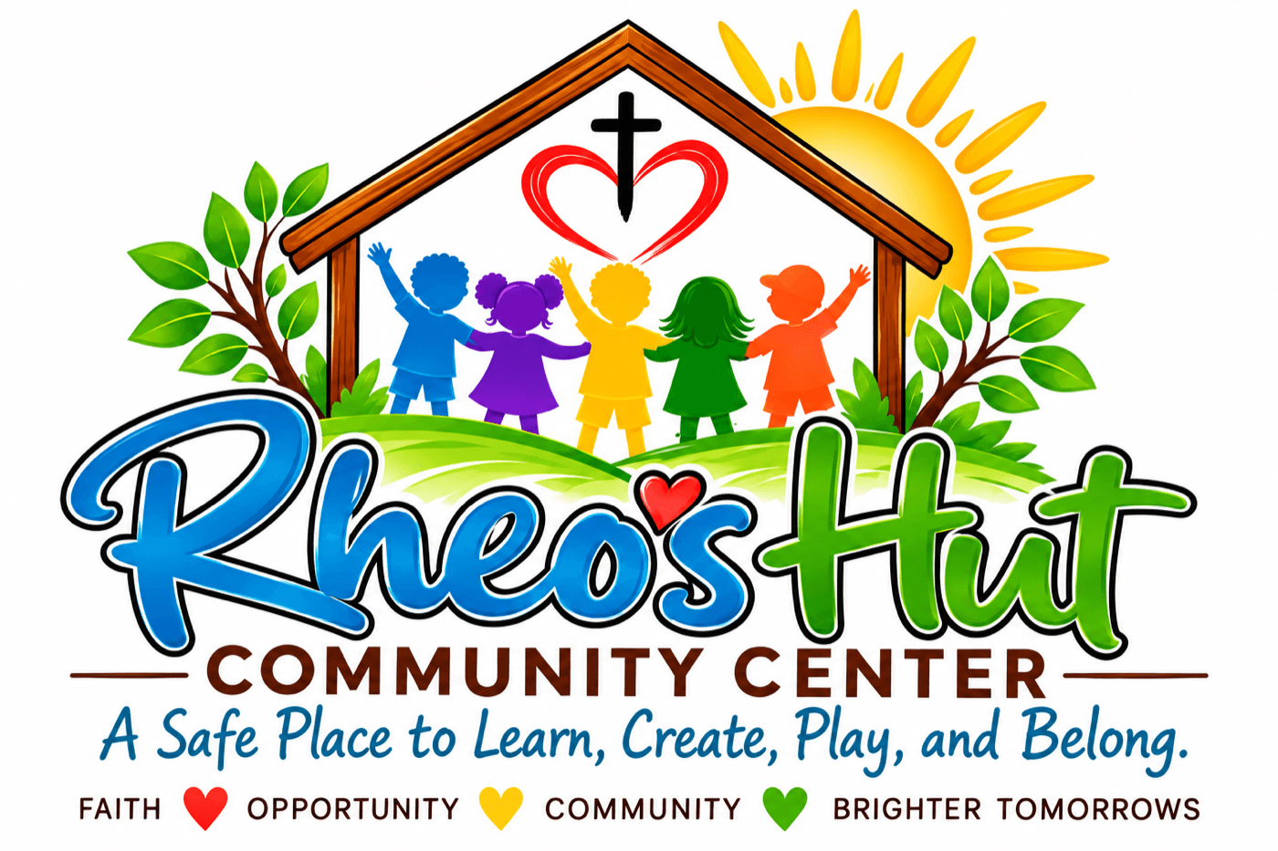 Rheo's Hut Community Center logo: five children in a house under a smiling sun, with the motto A Safe Place to Learn, Create, Play, and Belong.